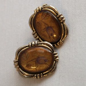 Vintage clip on earrings with rose pictures decoupaged amber and gold colored